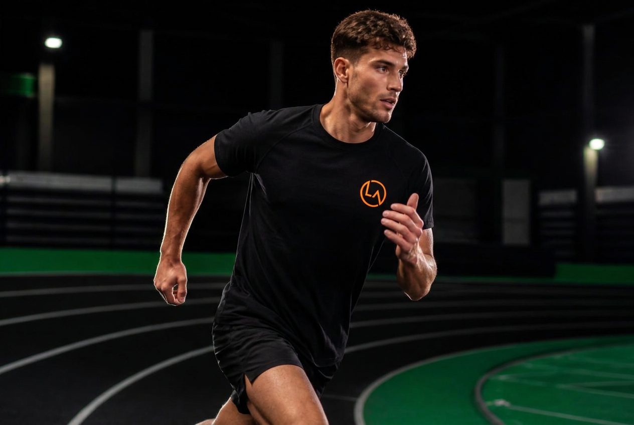 Athlete running in a dry Active Cotton short-sleeve tee