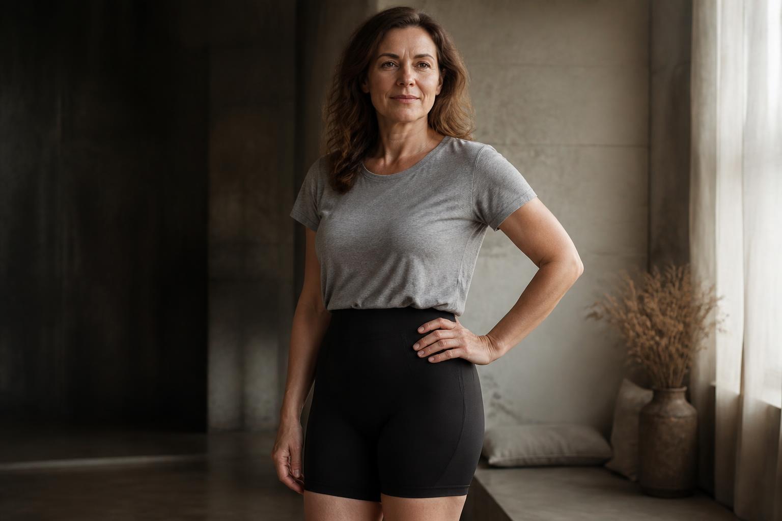 A woman standing in soft daylight wearing high-waisted black support shorts