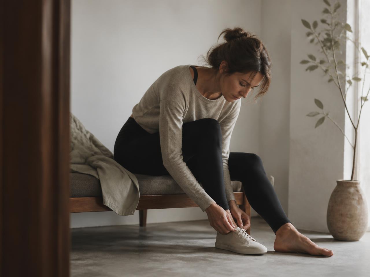 A woman sitting on a bench at home wearing black support leggings